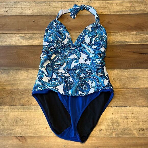 Chap’s Blue & White One Piece Bathing Suit - size 10 - Picture 1 of 5